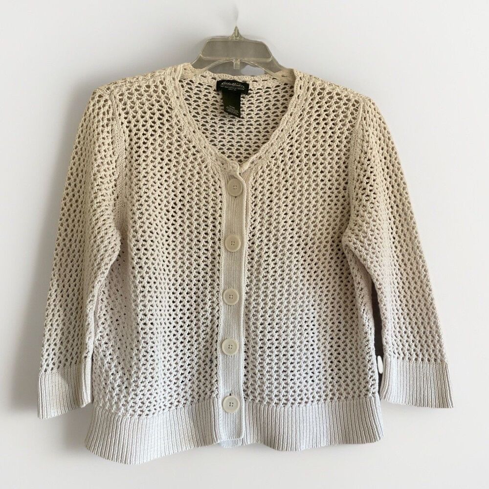 Eddie Bauer Women's Size XL Ivory Open Knit 3/4 Sleeve Cardigan Cottagecore